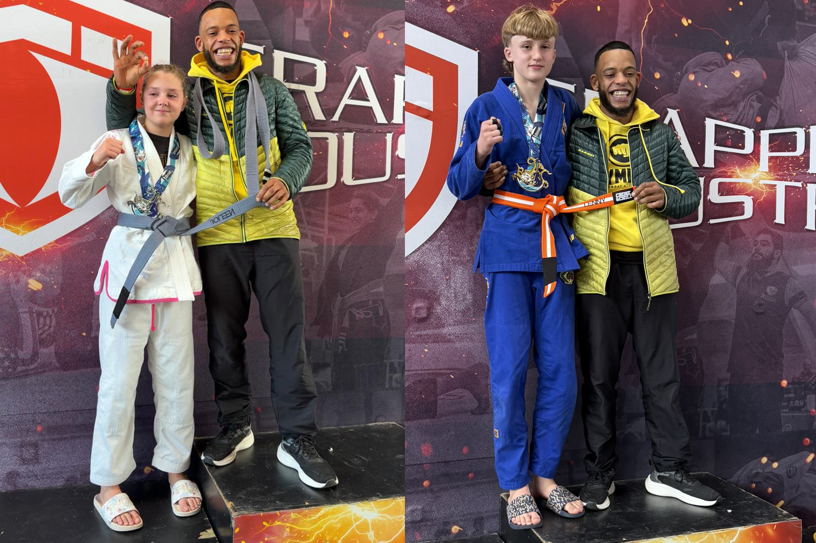 Headcoach Ray überreicht Joleen Bugge den grau-schwarzen Gürtel und Lenny Arend den orangefarbenen Gürtel vor der Grappling-Industries-Wand in Nürnberg