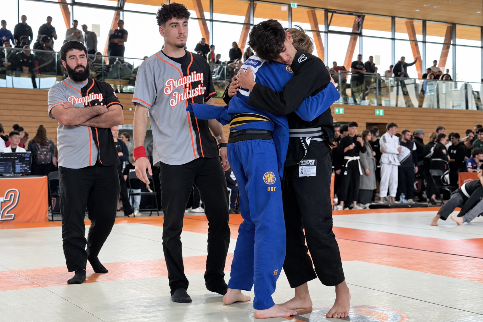 Lenny Arend von GYMRAY Bamberg im blauen Gi umarmt nach dem Gi-Kampf seinen Gegner Sari Allam vom Team Hilti BJJ Berlin auf der Wettkampfmatte bei Grappling Industries Nürnberg